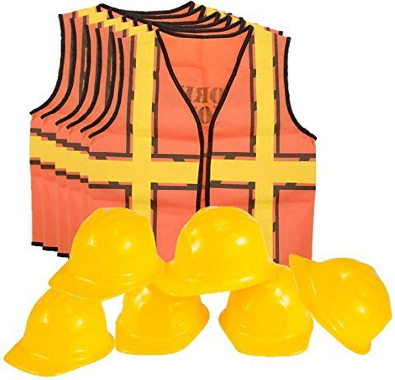 kedudes Kids Dress Up Construction Set - 6 Construction Worker Vest with 6 Construction Worker Soft Plastic Construction Helmets