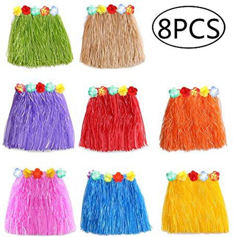 jollylife 8PCS Hawaiian Luau Hula Skirts - Grass Hibiscus Flowers Birthday Tropical Party Decorations Favors Supplies