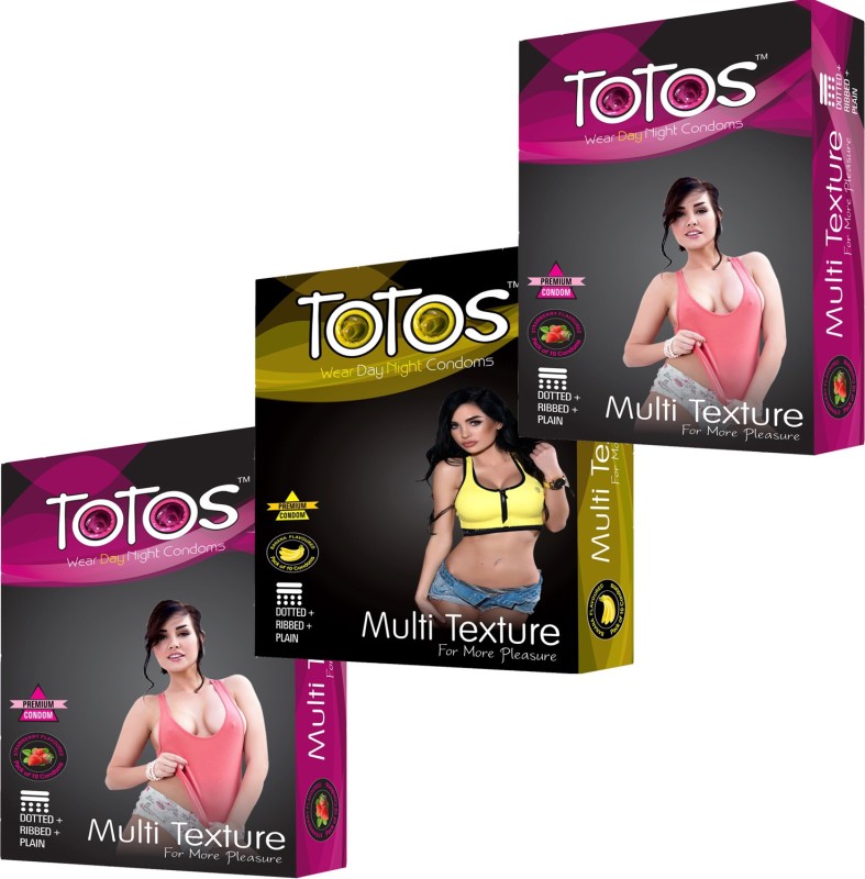 TOTOS WEAR DAY NIGHT PREMIUM STRAWBERRY AND BANANA AND STRAWBERRY FLAVOURED MULTI TEXTURE FOR MORE PLEASURE DOTTED FOR MEN 30 PCS SET OF 3 PACK Condom(Set of 3, 30S)