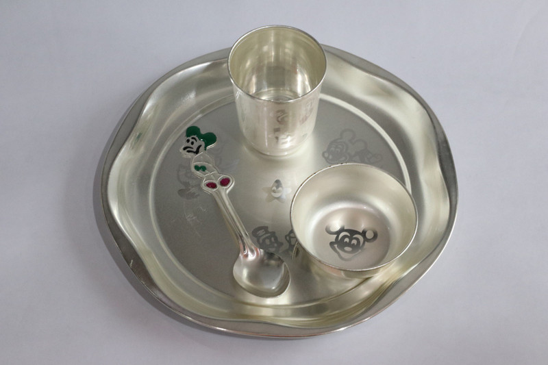 arya silver plated Mickey Mouse Dinner Set With One Year Warranty Against Blackening & Damage Pack of 4 Dinner Set(Silver Plated)