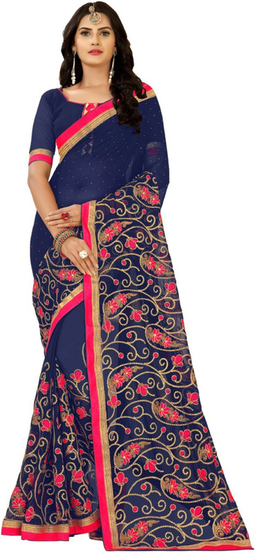 ffashion Embroidered Banarasi Poly Georgette Saree(Blue)