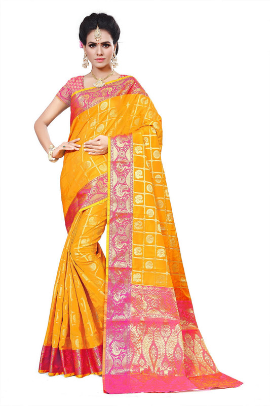 fantasy fab Self Design Patola Poly Silk, Cotton Blend Saree(Mustard)