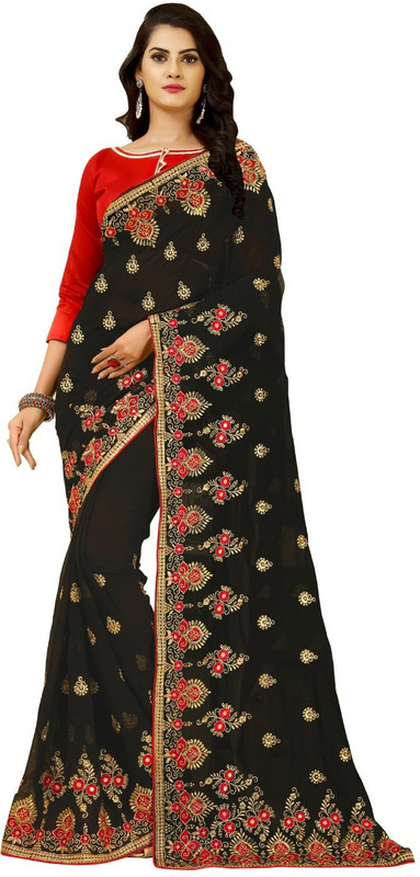 ffashion Embroidered Banarasi Poly Georgette Saree(Black, Red)