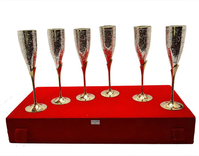 kaveesha Silver Plated Princess Wine Glass Set Of 6 Pcs. Glass Tray Serving Set(Pack of 6)