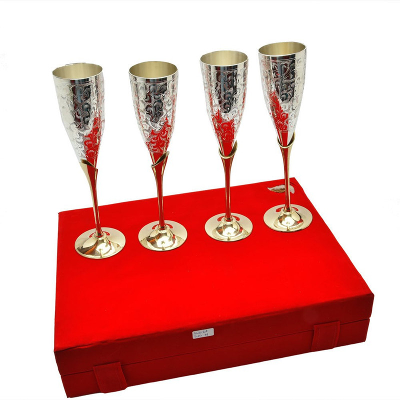 kaveesha Silver Plated Princess Wine Glass Set Of 4 Pcs. Glass Tray Serving Set(Pack of 4)