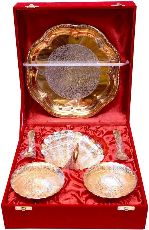 kaveesha Silver And Gold Plated Two Round and One Duck Bowls Tray Set Bowl Spoon Serving Set(Pack of 6)