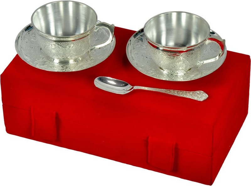 kaveesha Silver Plated 2 Cup Plate Set Family Gift Bowl Spoon Serving Set(Pack of 5)