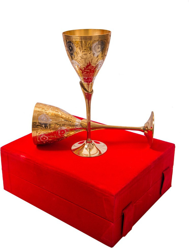 kaveesha Silver And Gold Plated Brass Wine Goblet/Wine Glasses Glass Tray Serving Set(Pack of 2)