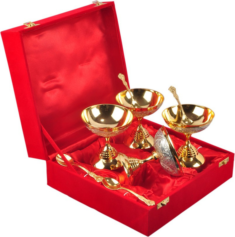 kaveesha Gold And Silver Plated Brass Ice Cream Bowl Set For Family Gift Bowl Spoon Serving Set(Pack of 8)