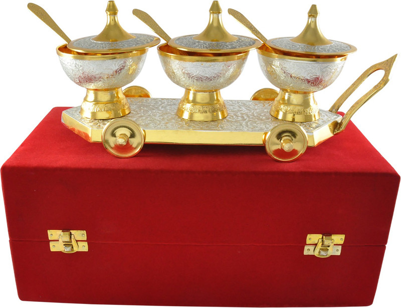 kaveesha Gold And Silver Plated 3 Bowl Set Tray, Bowl, Spoon Serving Set(Pack of 7)