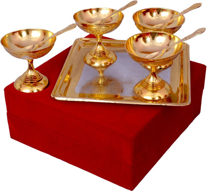 kaveesha Silver Gold Plated Ice Cream Set With Box Bowl Spoon Serving Set(Pack of 9)