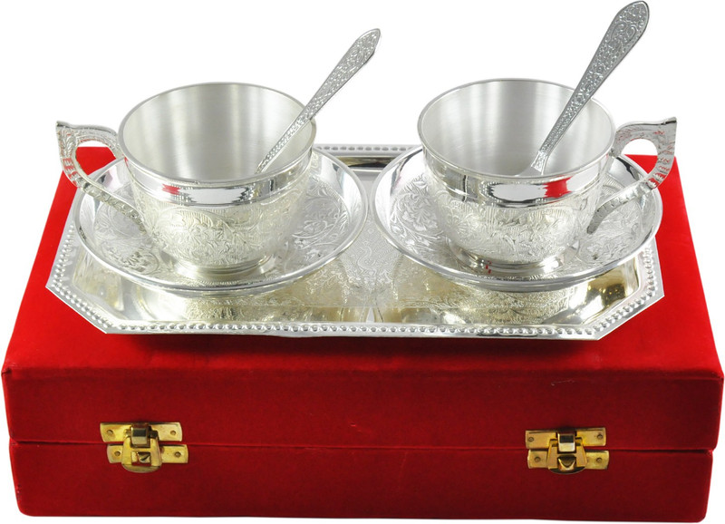kaveesha Silver Plated Tea Cup Set Tray, Cup, Plate, Spoon Serving Set(Pack of 7)