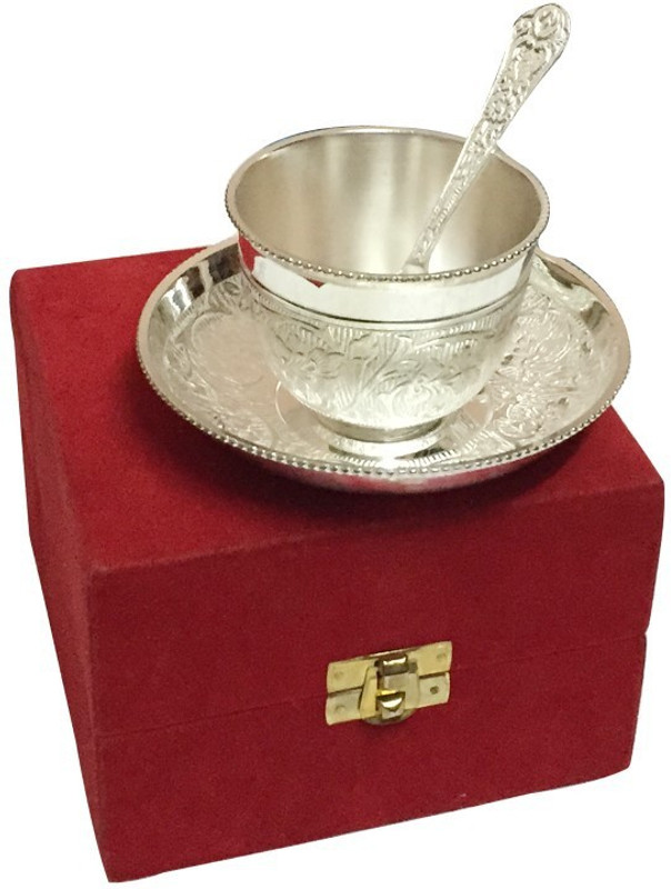kaveesha Royal Silver Plated Tea Cup Set With Red Velvet Box Bowl Spoon Serving Set(Pack of 3)