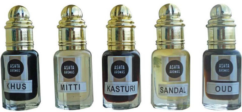 ASHTAAROMAS Combo of 5 Pcs Khus, Mitti, Kasturi, Sandal & Oud Attar Herbal Attar Oud,agarwood Herbal Attar(Oud (agarwood))