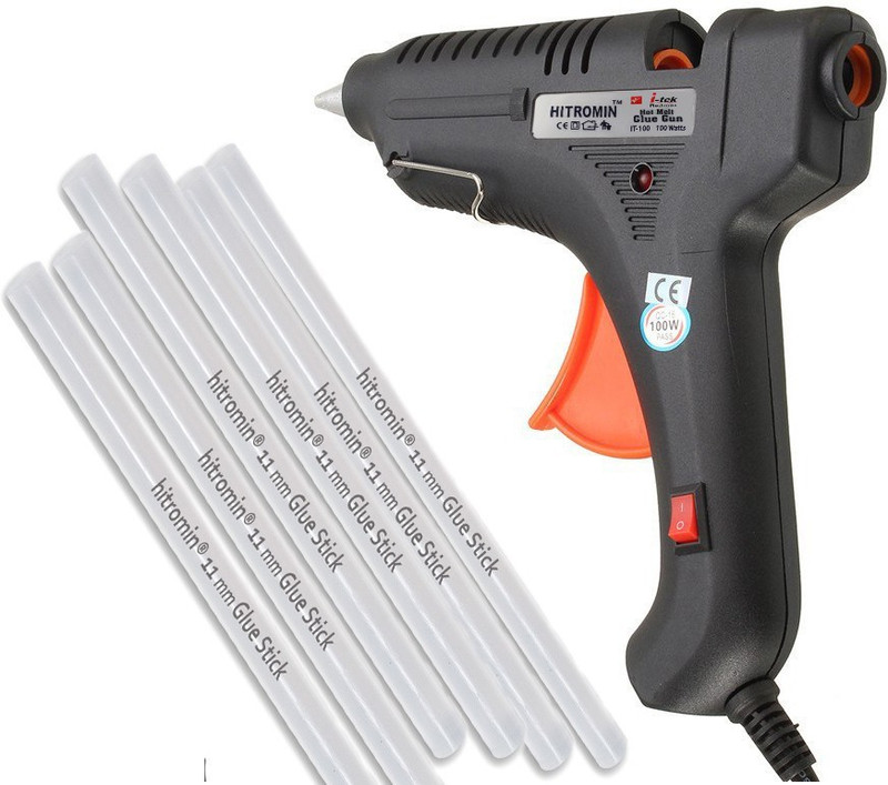 hitromin 100 W IT-100 i-tek Leak Proof Heavy Hot Melt with 6 stick multipurpose Standard Temperature Corded Glue Gun(11 mm)