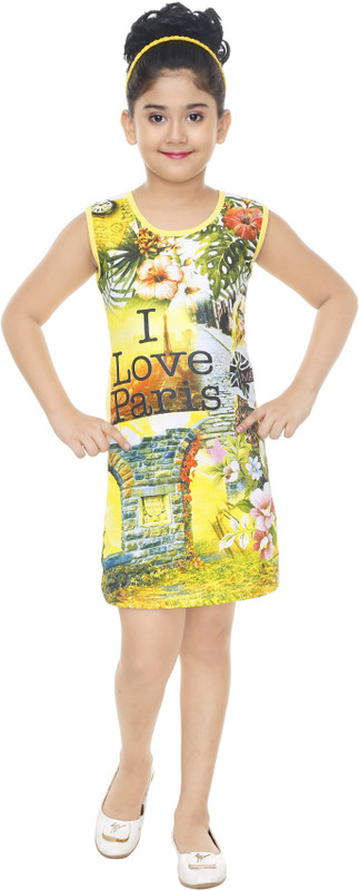 yashvi trends Girls Midi/Knee Length Casual Dress(Yellow, Sleeveless)