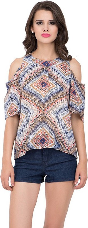 Go India Store Casual Cold Shoulder Printed Women Blue Top