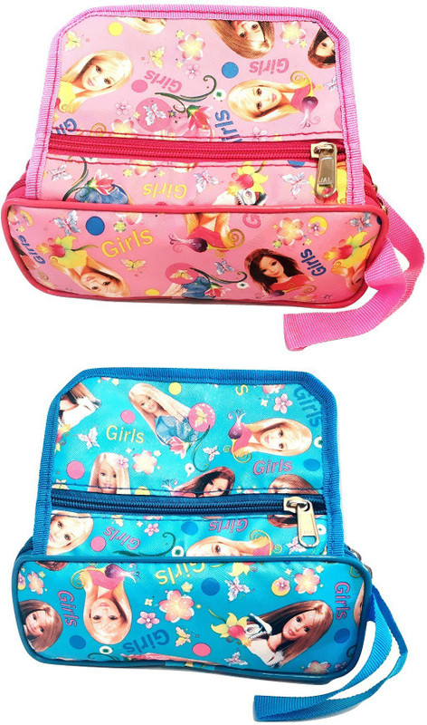 akisha Premium Pouch Combo Set Barbie Art Canvas Pencil Boxes(Set of 2, Pink, Light Blue)