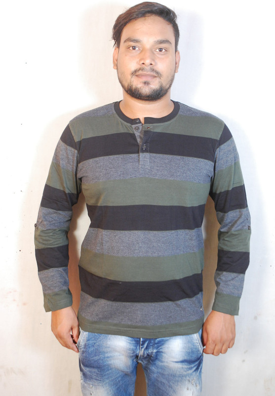 plack panther Striped Men Henley Black, Grey, Green T-Shirt