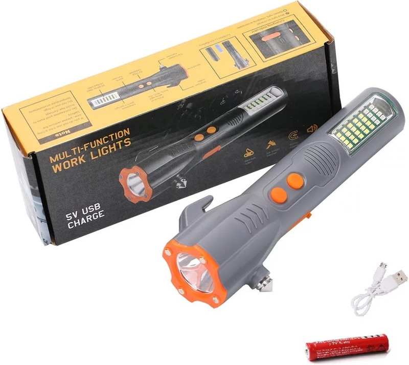 fiiasa 4 Mode 29 LED 8 Red Smd LED Magnetic Multi-function Flashlight torch with Siren Alarm and siren Flashing light indicator Emergency Escape Rescue Defense Tool built-in Seat Belt Cutter tools Glass Window Breaker Safety Flashlight Cob flashlight Torch(Grey : Rechargeable)