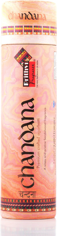 prithvi fragrance CHANDANA Premium Hand-Crafted Agarbatti (A wispy and pristine Sandalwood fragrance). Packed in Attractive Reusable container. Net Contents: 200 Gms when packed (approx 115 sticks). Length of Sticks: 9" Â  A wispy and pristine Sandalwood fragrance Agarbattis(200 g)
