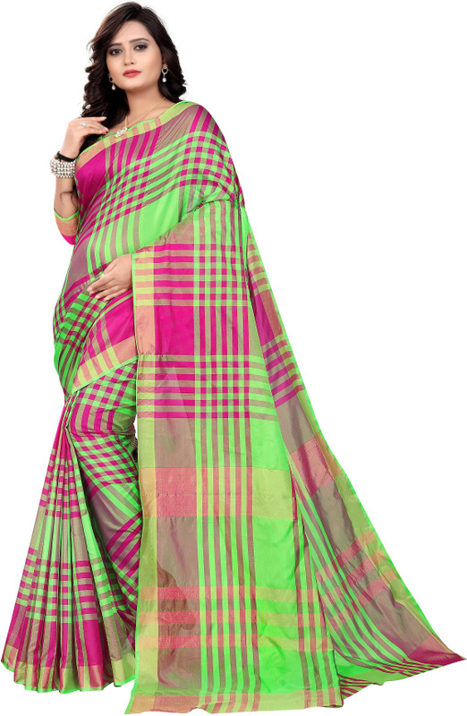 parth sarees Checkered Fashion Art Silk Saree(Green)