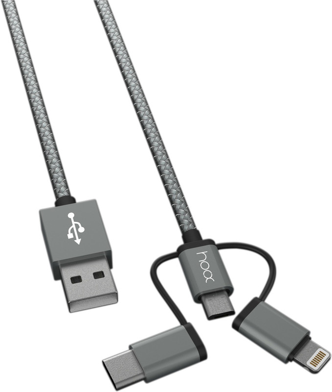 hoox 3 in 1 USB_A to Micro-USB, Lightning & Type-C Charging Sync Data Cables 1 Mtr 1 m Lightning Cable(Compatible with All iPhones (5,6,7,8 & X Series) , iPad & iPod, Gray, Sync and Charge Cable)