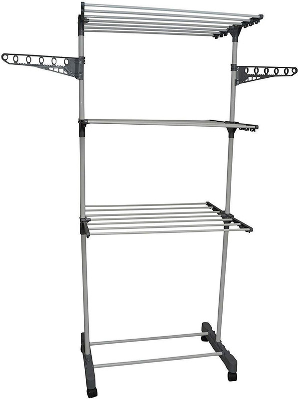 madewell Premium Heavy Duty 3 Layer Easy Cloth Drying Stand Laundry Drying Rack Stand and Garments Rack Dryer Stand - Very Easy to Assemble Cloth Drying Stand for Clothes with Trolly Portable Racks Hanger Space Carbon Steel Floor Cloth Dryer Stand(Grey)