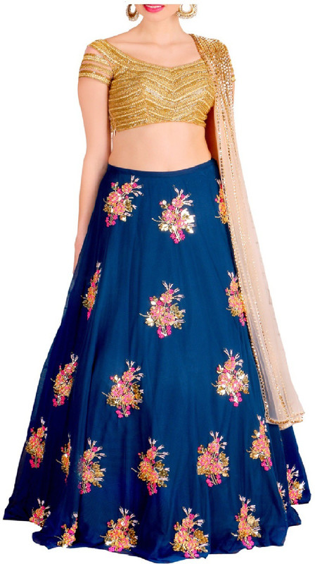 color bucket Embroidered Semi Stitched Lehenga, Choli and Dupatta Set(Gold, Blue)