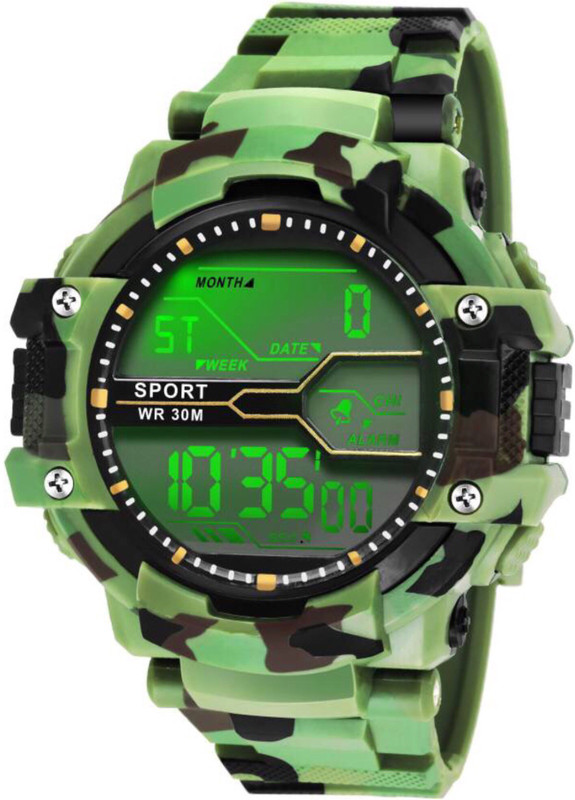 indo club 044 indo club 044 green solitary indian army pattern sport seven light alaram digital Watch - For boy Digital Watch  - For Boys