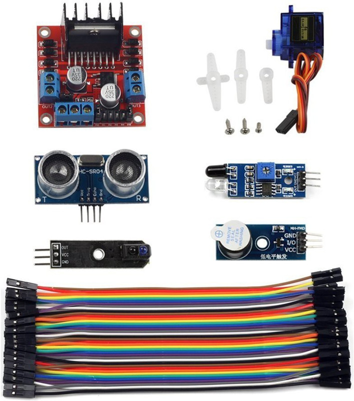 techwiz 6 Sensor Modules Smart Car Kit HC-SR04 L298N Motor Driver Board Active Buzzer Infrared Obstacle Avoidance 40 Pin 10cm Dupont Cable (U4416) Educational Electronic Hobby Kit