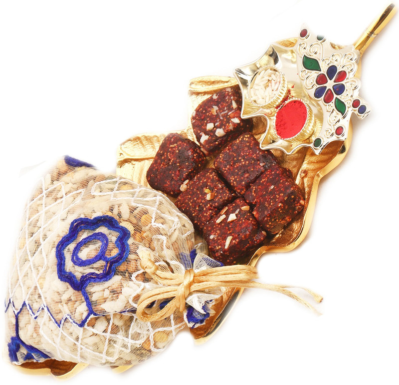 Ghasitaram Gifts Diwali Gifts - Hampers Gold Leaf Sugarfree Dates and Figs Bites and Roasted Protein Mix with Leaf Tika Chawal Container Combo(4)