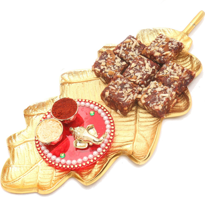 Ghasitaram Gifts Diwali Gifts - Hampers Gold Leaf Sugarfree Dates and Figs Bites with Mini pooja Thali Hamper Combo(3)