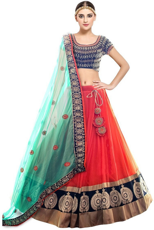 jp digital Embroidered Semi Stitched Lehenga, Choli and Dupatta Set(Orange)