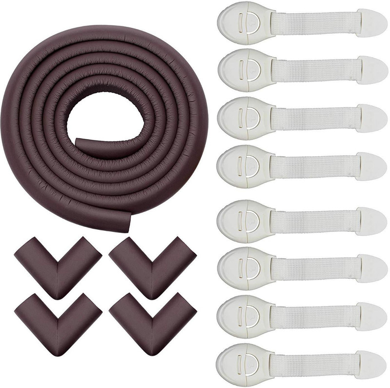 babycorner 1pc 200 cm Brown Safety Foam Edge Guard, 4 pc Brown Corner Guard & 8pc Cabinet Latch for Baby Safety Child Protection From Getting Hurt(Brown, White)