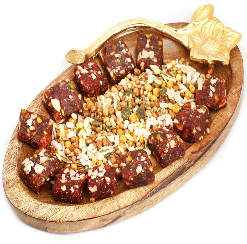 Ghasitaram Gifts Diwali Gifts - Hampers Wooden Healthy Dates Figs Bites and Roasted Protein Mix Namkeen Platter Combo(3)