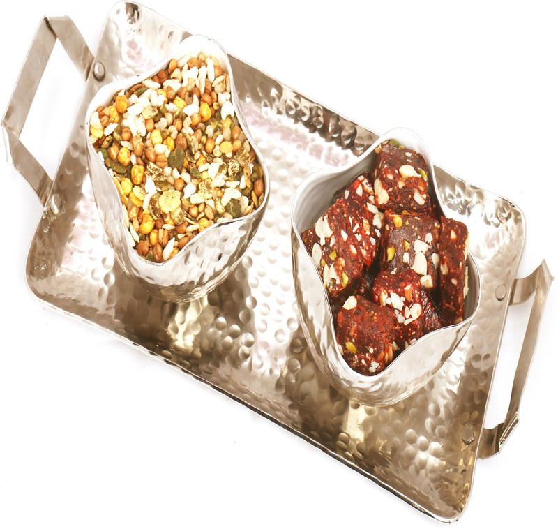 Ghasitaram Gifts Diwali Gifts - Hampers Silver Aluminium Sugarfree Dates, Figs Bites and Protein Mix Namkeen Tray Combo(5)