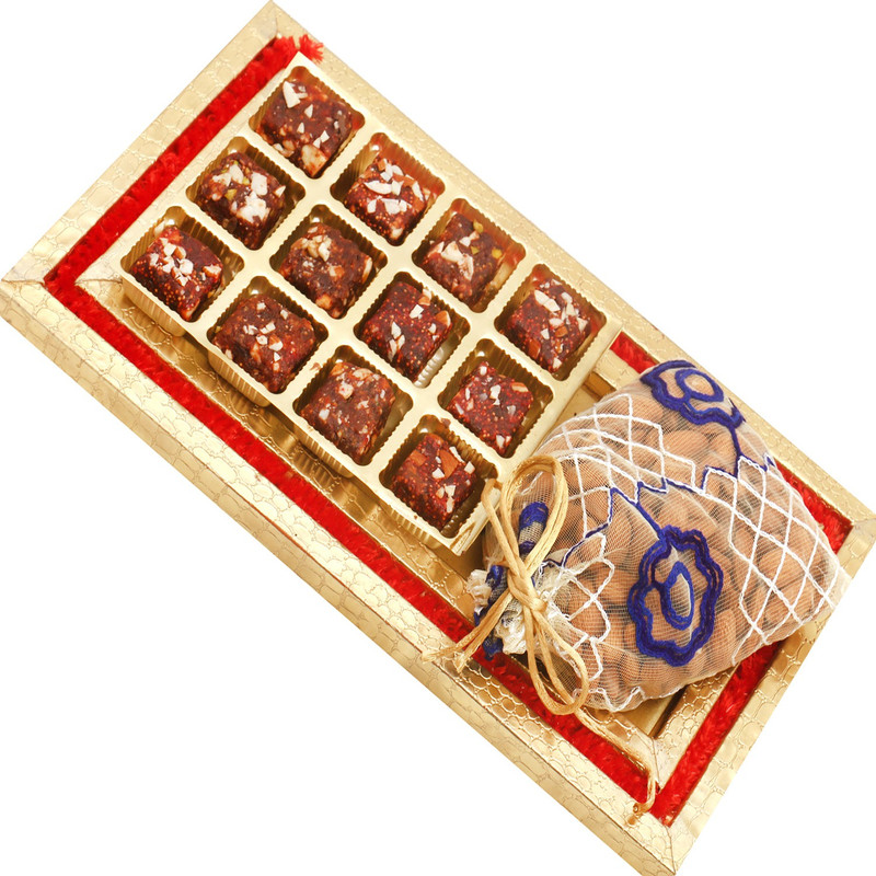 Ghasitaram Gifts Diwali Gifts - Hampers Red and Gold 12 Pcs Sugarfree Dates and Figs Bites and Almonds Tray Combo(3)