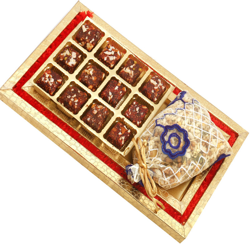 Ghasitaram Gifts Diwali Gifts - Hampers Red and Gold 12 Pcs Sugarfree Dates and Figs Bites and Roasted Protein Mix Tray Combo(3)