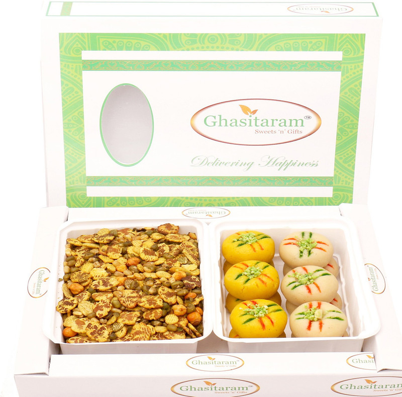 Ghasitaram Gifts Diwali Gifts - Hampers Diet Protein Mix Namkeen with Sugarfree Mawa Peda Hamper Combo(3)