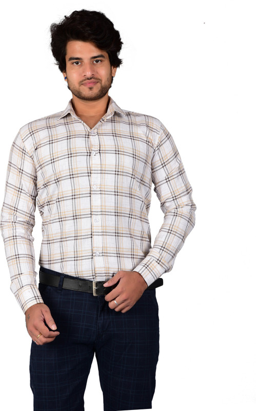 wild knight Men Checkered Casual White Shirt