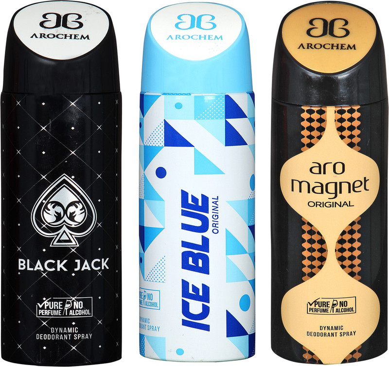 arochem BLACK JACK AND ARO MAGNET & ICE BLUE 3 PACK COMBO DYNAMIC DEODORANT SPRAY Deodorant Spray  -  For Men & Women(600 ml, Pack of 3)