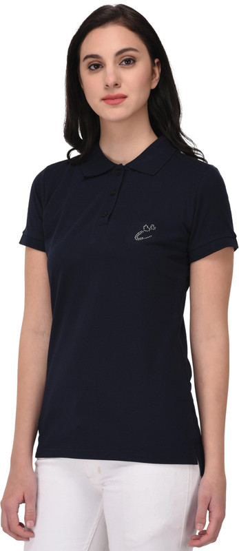 kaily Solid Women Polo Neck Dark Blue T-Shirt