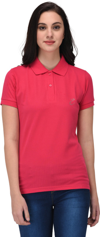 kaily Solid Women Polo Neck Pink T-Shirt