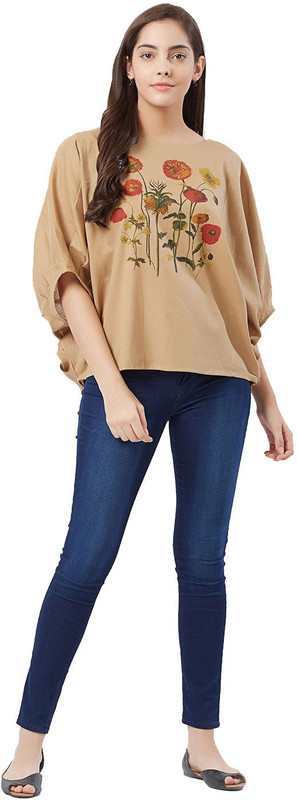 Fusion Beats Casual 3/4 Sleeve Printed Women Beige Top