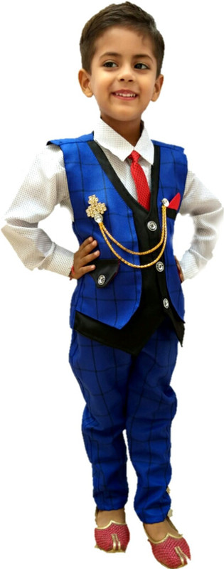 fab fashions Boys Festive & Party Shirt, Waistcoat and Pant Set(Blue Pack of 1)