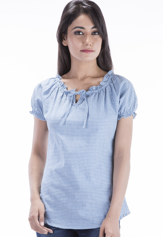 Amadore Casual Short Sleeve Checkered Women Blue Top