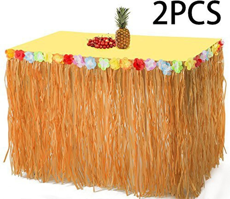 jollylife 2PCS Luau Hawaiian Grass Table Skirt Decorations - Hula Hibiscus Tropical Birthday Summer Pool Party Supplies