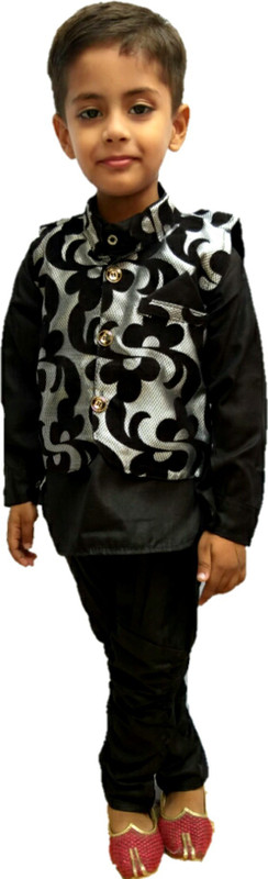 fab fashions Boys Festive & Party Kurta, Waistcoat and Pyjama Set(Black Pack of 1)