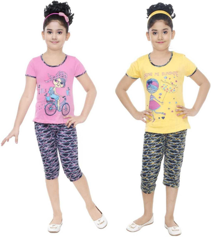 yashvi trends Kids Nightwear Girls Printed Cotton Blend(Pink Pack of 2)